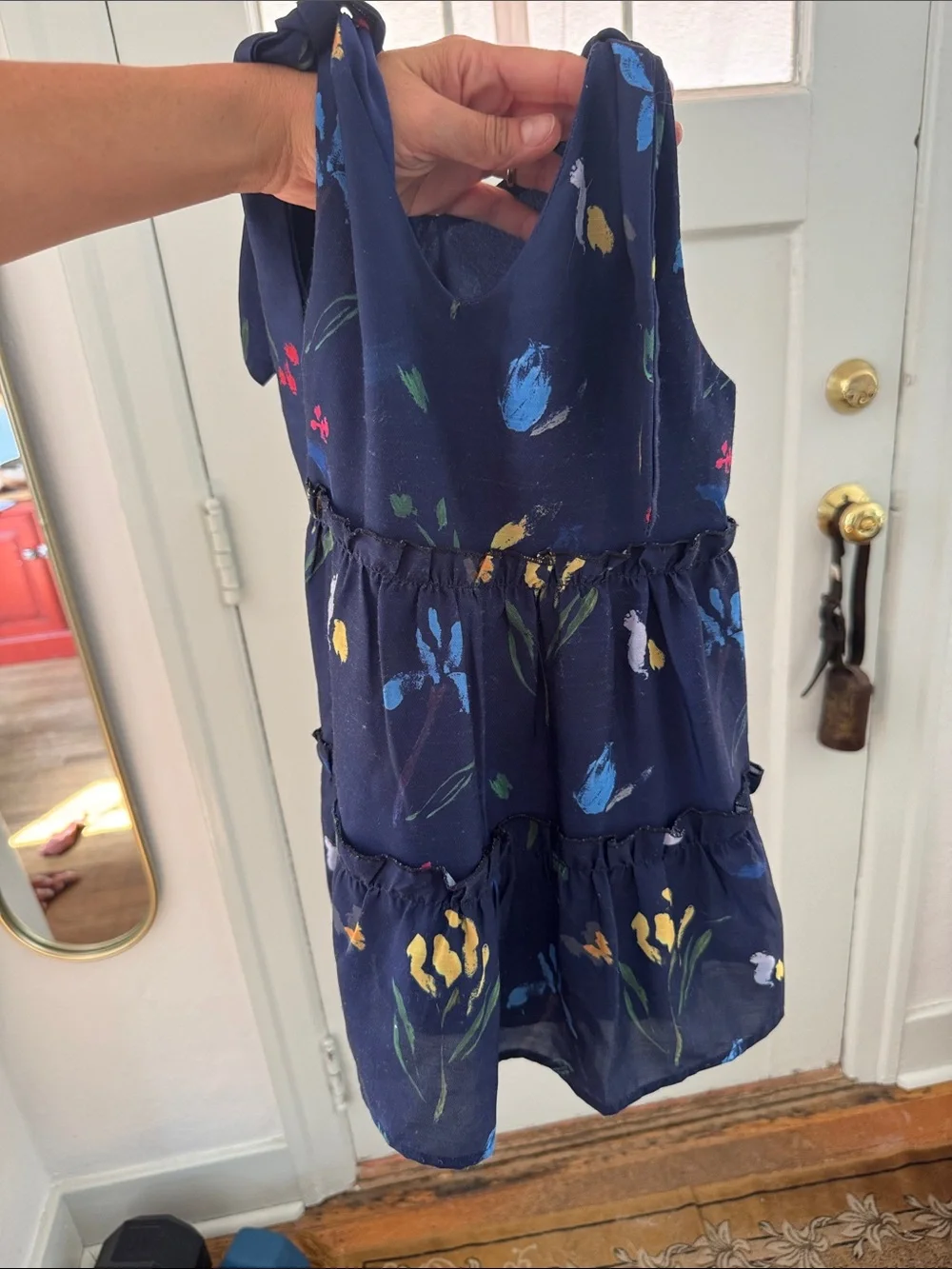 Girls Navy Floral dress with additional shoulder tie and flowers